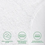 Ochraniacz na materac 110x200 cm w kolorze białym, wykonany z materiału z górną warstwą 67% bawełny i 33% poliestru oraz dolną warstwą 100% poliuretanu. Zbliżenie na fakturę i detale wykończenia. Elementy tekstowe jasno widoczne na białym tle.