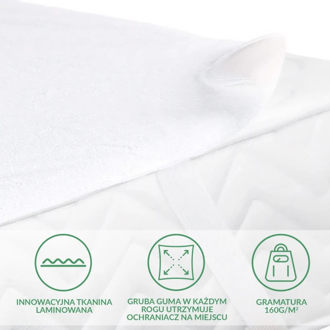 Ochraniacz na materac 70x140 w kolorze białym, wykonany z innowacyjnej tkaniny laminowanej. Widoczne szczegóły to gruba guma w każdym rogu, która zapewnia stabilność. Produkt leży na jednolitym tle. Gramatura 160 g/m².