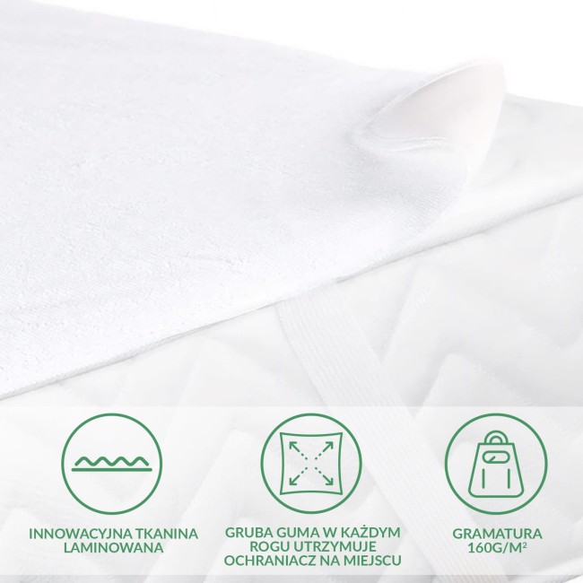 Ochraniacz na materac 120x200 w kolorze białym, wykonany z innowacyjnej tkaniny laminowanej. Gruba guma w każdym rogu zapewnia stabilność. Gramatura materiału wynosi 160 g/m². Produkt leży na materacu, ukazując jego teksturę.