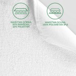 Ochraniacz na materac 90x200 w kolorze białym, przedstawiony z boku w zbliżeniu. Widoczna faktura materiału ze znacznikami dotyczącymi składu: górna warstwa (80% bawełna, 20% poliester) i dolna (100% poliuretan). Tło jasne, neutralne.