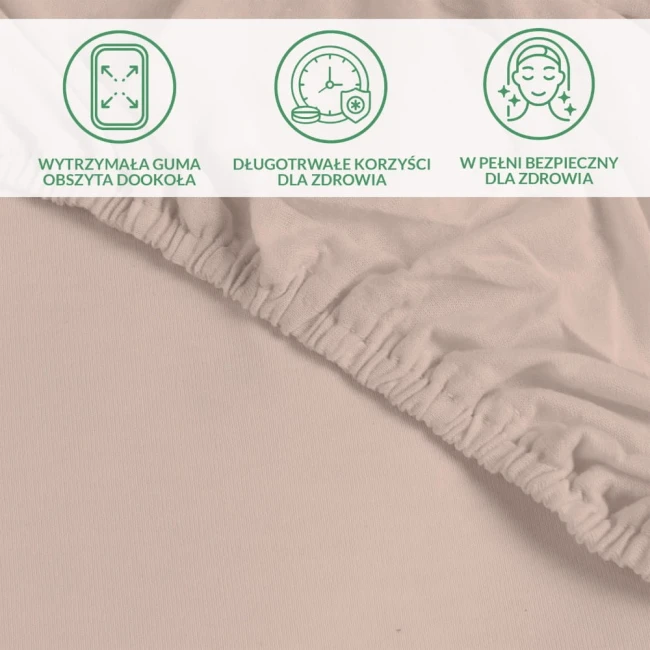 Ochronne prześcieradło z gumką 70x140 SMARTCEL w kolorze beżowym, leżące na jasnym tle. Widoczna elastyczna gumka obszyta dookoła, materiał gładki, z widocznymi detalami. Brak napisów i logotypów. Idealne do ochrany materaca.