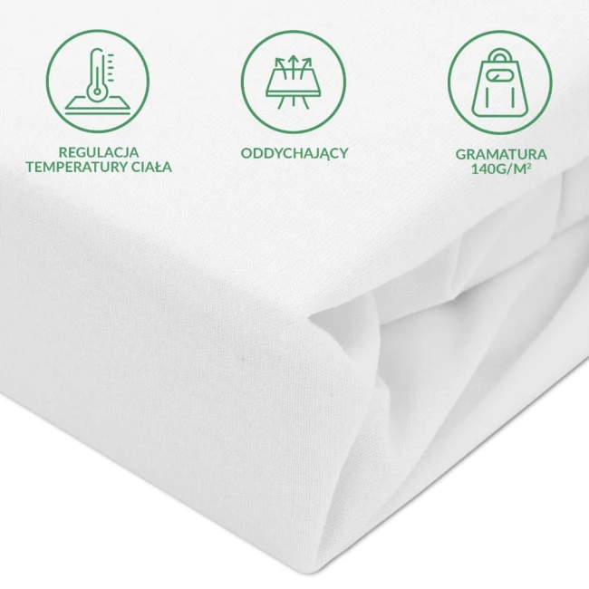 Ochronne prześcieradło z gumką 90x200 cm w kolorze białym, wykonane z materiału o gramaturze 140 g/m². Złożone, widoczne symbole dotyczące regulacji temperatury ciała oraz oddychającego materiału. Ujęcie w zbliżeniu na teksturę tkaniny.
