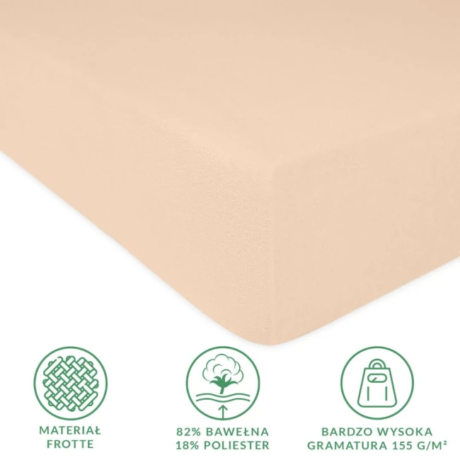 Prześcieradło frotte z gumką 180x200 w kolorze różu perłowego, wykonane z materiału 82% bawełna i 18% poliester. Widoczne zejście krawędzi i gumka mocująca, leżące na płaskiej powierzchni. Tekstura frotte oraz informacje o gramaturze 155 g/m².