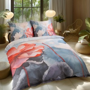 Pościel satyna bawełniana 160x200 Satynlove Premium w czerwono beżowe kwiaty i szare liście
