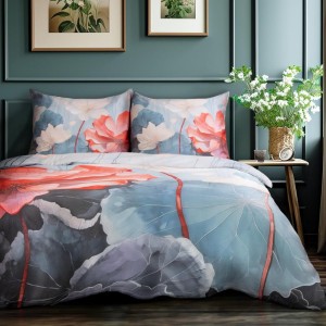 Pościel satyna bawełniana 220x200 Satynlove Premium w czerwono beżowe kwiaty i szare liście