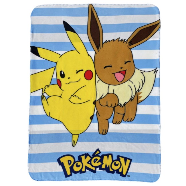  Miękki lekki ciepły koc w niebiesko białe paski z Pokemonami 100x140 cm 