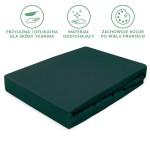 Prześcieradło jersey z gumką 90x200 w kolorze zieleni butelkowej, leżące na białym tle. Materiał oddychający, przyjazny dla skóry, zachowujący kolor po praniach. Widoczna guma na brzegach, zapewniająca idealne dopasowanie.