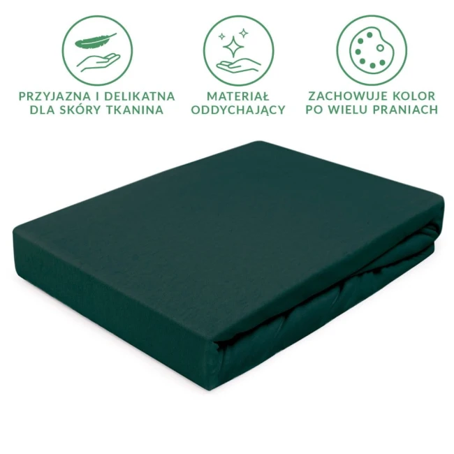 Prześcieradło jersey z gumką w kolorze zieleni butelkowej, rozmiar 200x220 cm, wykonane z delikatnej, oddychającej tkaniny. Produkt leży na białym tle, z widocznym zagięciem i detalem materiału. Zachowuje kolor po wielu praniach.