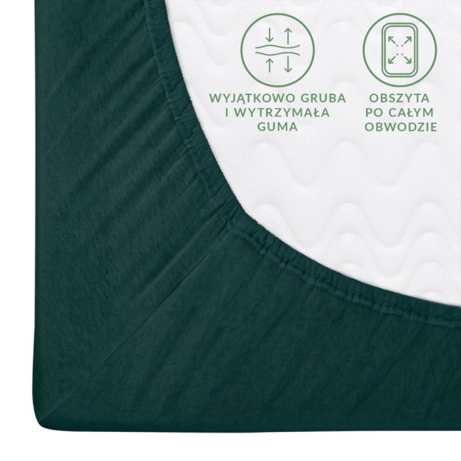 Prześcieradło jersey z gumką 160x200 w kolorze zieleni butelkowej. Widoczny detal zgrubienia gumy, która jest obszyta po całym obwodzie, co zapewnia trwałość i stabilność. Materiał gładki, w intensywnym odcieniu zieleni.