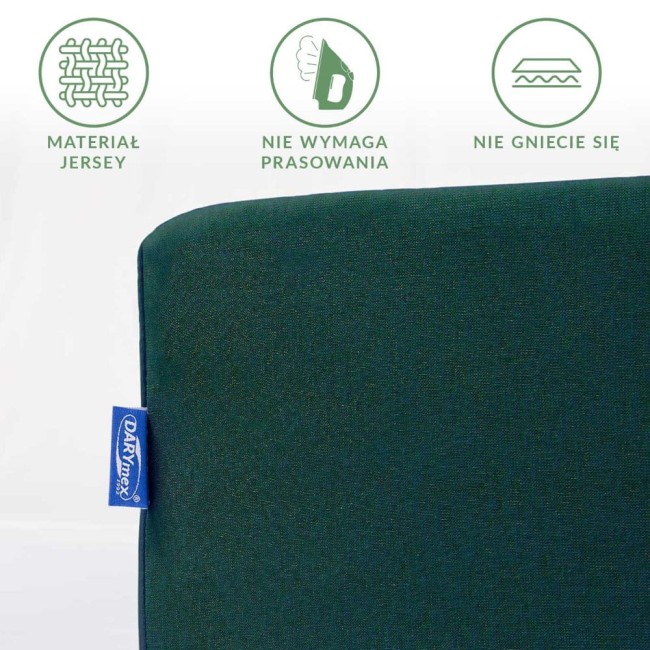 Prześcieradło jersey z gumką w kolorze zieleni butelkowej, rozmiar 120x200 cm. Materiał elastyczny, nie wymaga prasowania, nie gniecie się. Widoczna metka z logo producenta. Produkt leży na białym tle.
