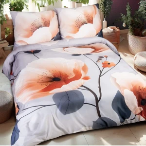 Pościel satyna bawełniana 160x200 Satynlove Premium szara z pomarańczowymi kwiatami
