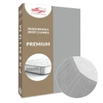 Prześcieradło jersey z gumką w kolorze popielatym, o wymiarach 120x200 cm, widoczne na szarej opakowaniu. Zbliżenie na gumkę oraz tekstura materiału, informacja „pasuje na materac o wysokości do 25 cm” na ilustracji.