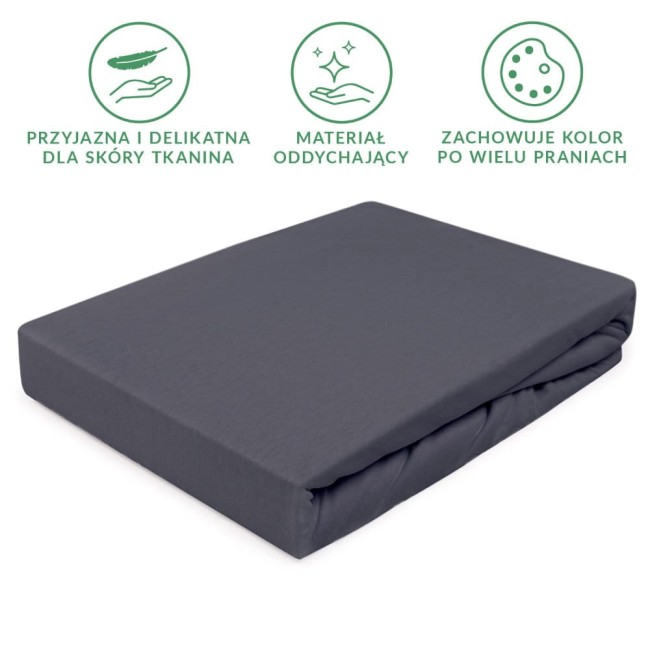 Prześcieradło jersey z gumką w kolorze ciemnoszarym, rozmiar 180x200, leżące na białym tle. Materiał oddychający, przyjemny dla skóry, z delikatną fakturą. Widoczna gumka zapewnia stabilne dopasowanie na materacu.