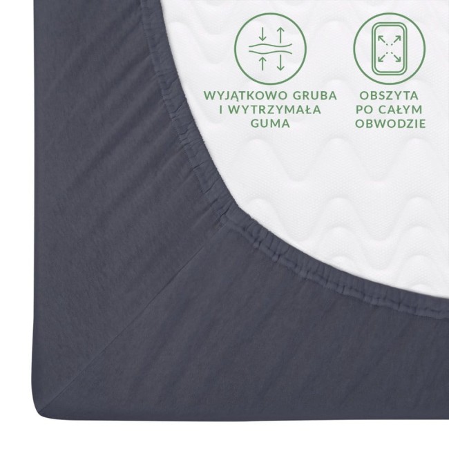 Prześcieradło jersey z gumką w kolorze ciemnym szarym, rozmiar 200x220. Widoczna charakterystyczna, wytrzymała gumka wokół krawędzi, zapewniająca dobrą stabilizację.