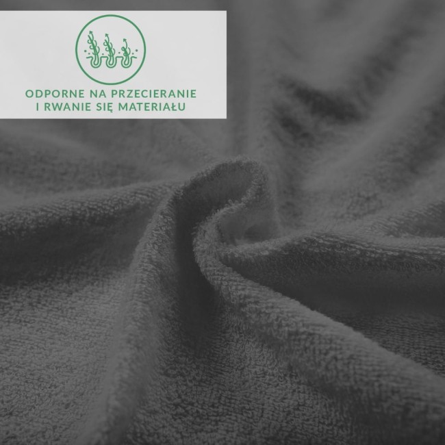 Prześcieradło frotte 160x200 w kolorze ciemnoszarym, z widoczną teksturą materiału. Ułożone w luźne fałdy, prezentujące elastyczną gumkę. Tło jednolite, bez wzorów czy dekoracji. Niewidoczne napisy lub logo.