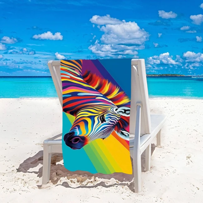 Ręcznik plażowy 100x180 cm z mikrofibry w wzór kolorowej zebry, rozłożony na leżaku. Tło to plaża z białym piaskiem i turkusową wodą. Wyraziste, wielokolorowe pasy na tle błękitnym, z detalami, które wyróżniają się w jasnym otoczeniu.