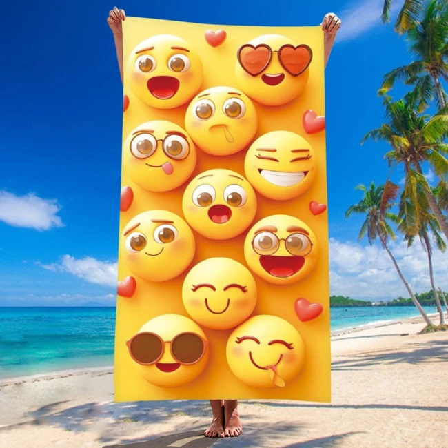  Bardzo duży, szybkoschnący, plażowy ręcznik z mikrofibry, w żółte zakochane buzie w rozmiarze 100x180 cm 