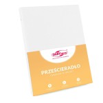 Prześcieradło bawełniane bez gumki w kolorze białym, rozmiar 160x200 cm z dodatkowymi 5 cm po bokach. Ułożone płasko, widoczne logo producenta DARYmex oraz jasno opisane parametry, na pomarańczowym tle z napisem „Prześcieradło Gwarancja Jakości”.
