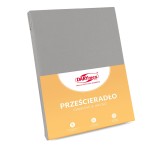 Prześcieradło bawełniane bez gumki w kolorze jasno szarym, o wymiarach 160x200 cm plus dodatkowe 5 cm po bokach. Produkt zapakowany w schludne opakowanie z logo DARYmex. Widać informacje o jakości oraz ekologicznych aspektach materiału.
