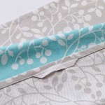 Ścierka bawełniana kuchenna 50x70 cm w jasno niebieskim kolorze z białym wzorem liści. Złożona, ukazuje lekko teksturowaną tkaninę. Widoczne elementy to delikatne hafty w formie gałązek z okrągłymi owocami. Tło jednolite.