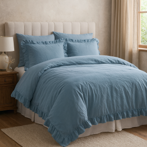 Pościel bawełniana z falbanką 160x200 Stonewashed Exclusive, Niebieska