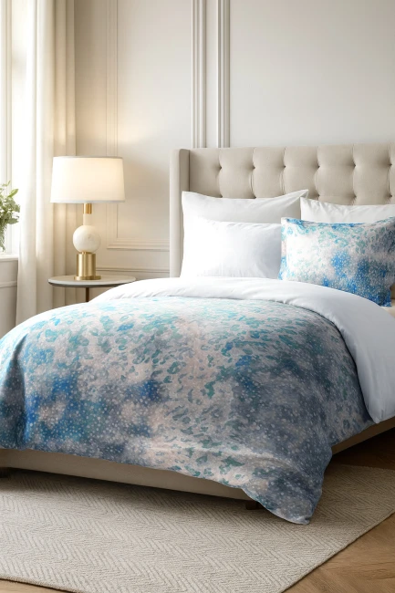 Pościel satyna bawełniana 160x200 Luxury Premium Belize w odcieniach niebieskiego i białego. Złożona na łóżku, z dużą poduszką w tym samym wzorze. Tło w jasnych odcieniach, minimalistyczne, z lampą obok. Wzór abstrakcyjny, gładka faktura.
