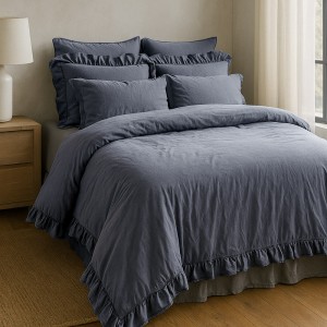 Pościel bawełniana z falbanką 160x200 Stonewashed Exclusive, Natural Grey, szara