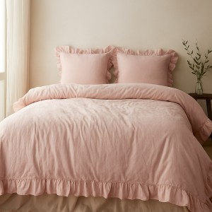 Pościel bawełniana z falbanką 220x200 Stonewashed Exclusive, Camello Roses, różowa