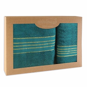 Komplet ręczników z bawełny w eco pudełku kolor ciemny turkus z bordiurą w złote paski 500 g/m2 TIWANO 2 kpl.