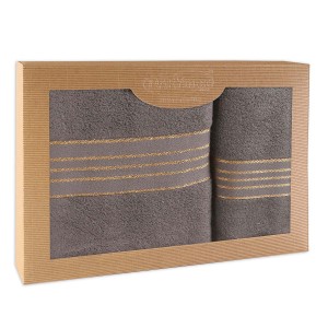 Komplet ręczników z bawełny w eco pudełku kolor ciemny szary z bordiurą w złote paski 500 g/m2 TIWANO 2 kpl.