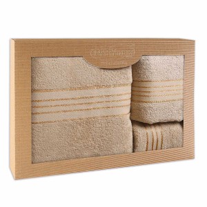 Komplet ręczników z bawełny w eco pudełku kolor beżowy z bordiurą w złote paski 500 g/m2 TIWANO 3 kpl.