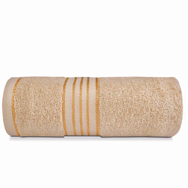 Komplet ręczników z bawełny w eco pudełku beżowy i jasny turkus z bordiurą w złote paski 500 g/m2 TIWANO 4 kpl.