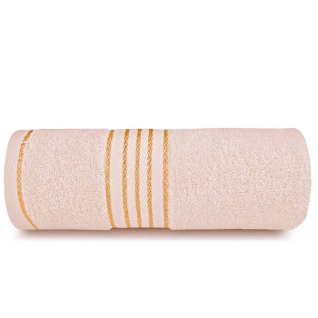Komplet ręczników z bawełny w eco pudełku krem i ciemny turkus z bordiurą w złote paski 500 g/m2 TIWANO 4 kpl.