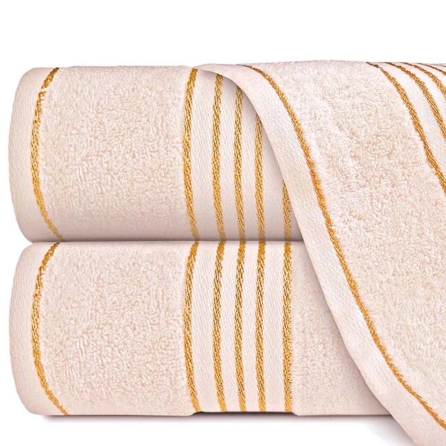 Komplet ręczników z bawełny w eco pudełku krem i jasny turkus z bordiurą w złote paski 500 g/m2 TIWANO 4 kpl.