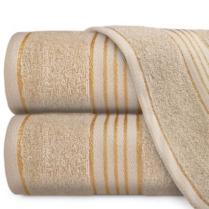 Komplet ręczników z bawełny w eco pudełku beżowy i butelkowa zieleń z bordiurą w złote paski 500 g/m2 TIWANO 6 kpl.