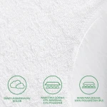Ochraniacz na materac 200x200 cm Robson w kolorze białym. Materiał: górna warstwa 67% bawełna, 33% poliester; dolna warstwa 100% poliuretan. Zbliżenie na fakturę i detale materiału.