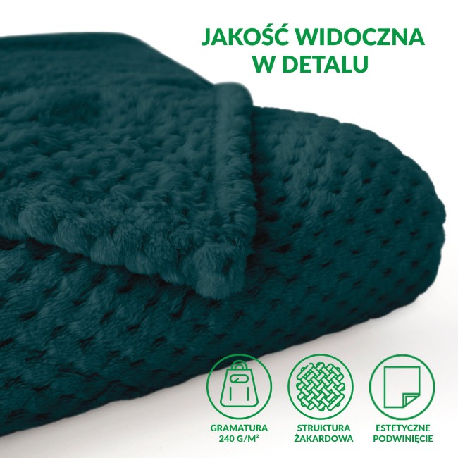Koc żakardowy 150x200 w kolorze petrol, z falistą teksturą. Złożony, ukazujący detale delikatnego splotu. Ujęcie w zbliżeniu na materiał, na jasnym tle, eksponujące intensywny kolor i fakturę.