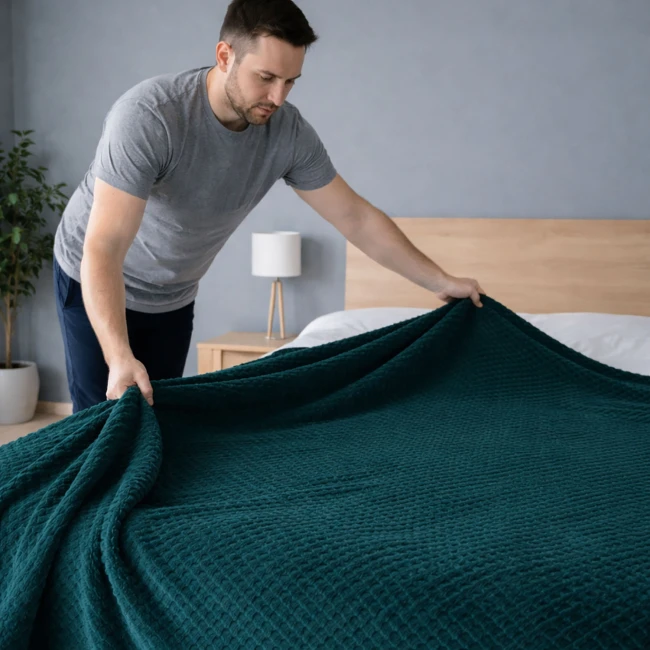 Koc żakardowy 150x200 cm w kolorze petrol, z teksturą w delikatny wzór, rozkładany przez mężczyznę na łóżku. W tle widoczna lampka nocna i drewniane łóżko, co nadaje przytulny klimat wnętrza.