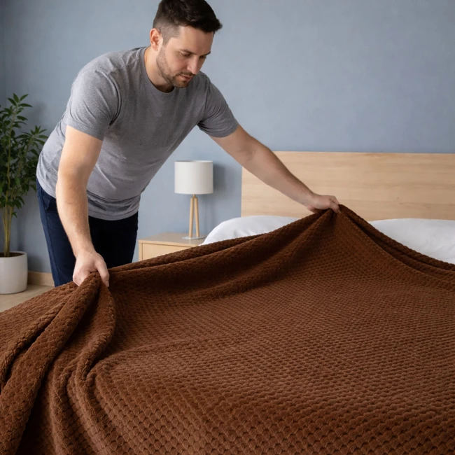 Koc żakardowy Amorro w kolorze mlecznej czekolady o wymiarach 150x200 cm, rozkładany na łóżku przez mężczyznę. Koc ma teksturowaną powierzchnię i jest umieszczony w nowoczesnym wnętrzu. W tle widoczna lampa i roślina doniczkowa.