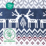 Pościel flanelowa 140x200 Arvena w kolorze bordowym z wzorem reniferów i kratką. Materiał 100% bawełna. Widoczne detale to białe renifery na ciemnym tle oraz ozdobne motywy w dolnej części. Oznaczenie Oeko-Tex.