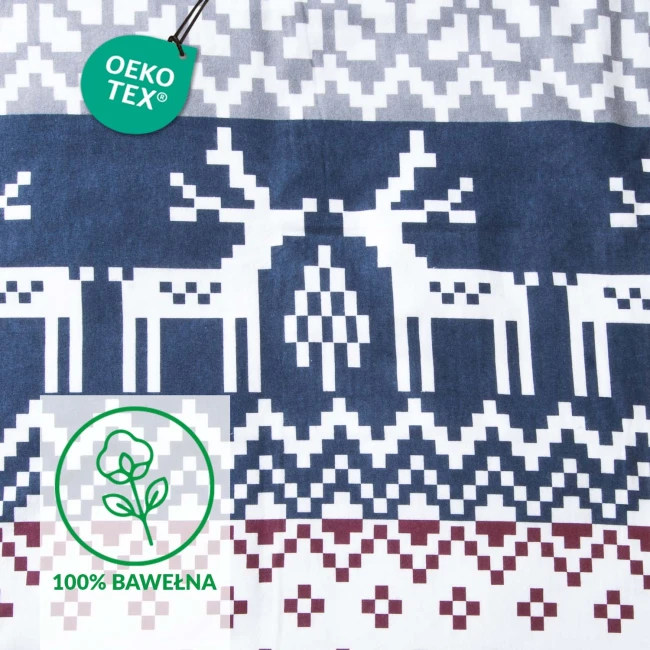 Pościel flanelowa 140x200 Arvena w kolorze bordowym z wzorem reniferów i kratką. Materiał 100% bawełna. Widoczne detale to białe renifery na ciemnym tle oraz ozdobne motywy w dolnej części. Oznaczenie Oeko-Tex.