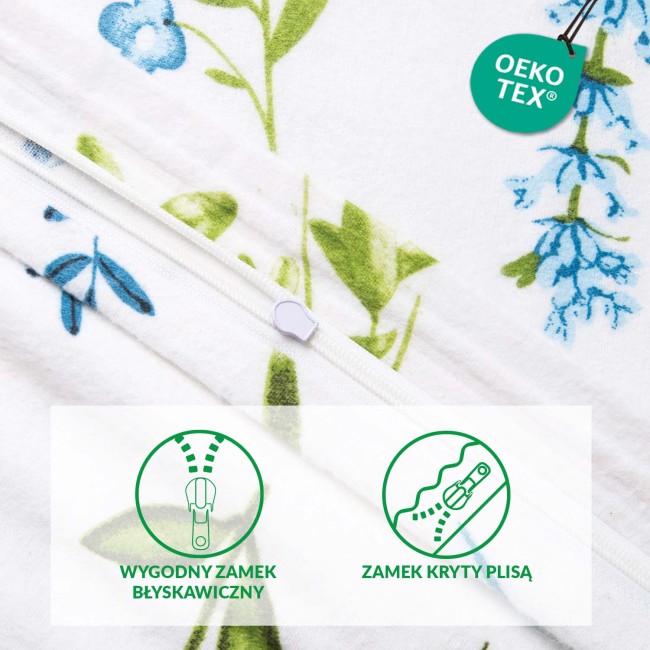 Pościel flanelowa 220x200 Lanira w kolorze białym, z floralnym wzorem w odcieniach zieleni i błękitu. Widoczne jest zapięcie na zamek. Ujęcie pokazuje detale materiału i wzoru; tekstura flaneli jest miękka i gruba.