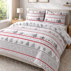 Pościel flanelowa 180x200 Selvia biała w choinki i chatki, Flanelove