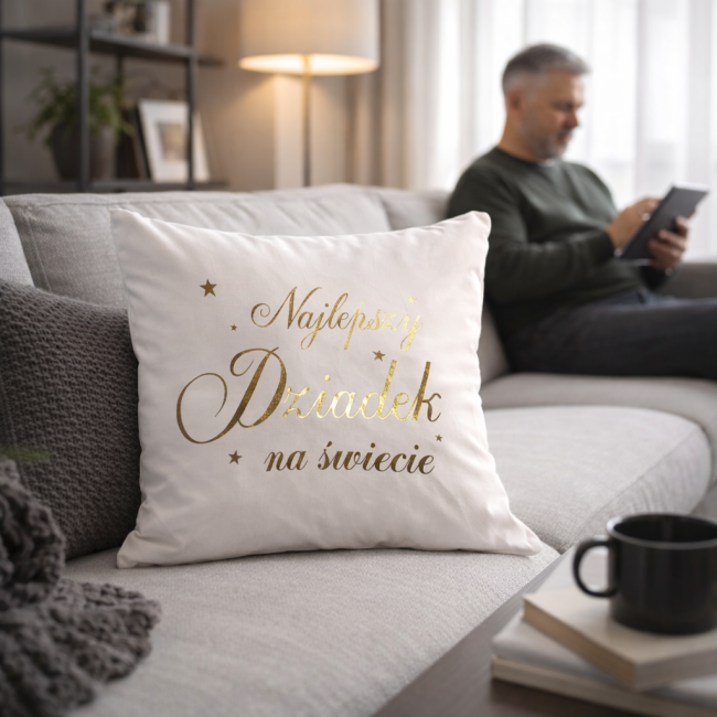 Poszewka dekoracyjna 40x40 cm w kolorze białym z napisem Najlepszy Dziadek na świecie w złotym kolorze. Produkt umieszczony na szarej kanapie, w tle widoczny mężczyzna korzystający z tabletu.