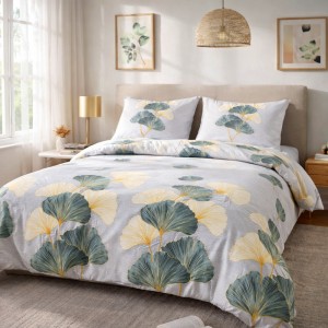 Pościel flanelowa 160x200 Solenne Light szara, liście miłorzębu, Flanelove