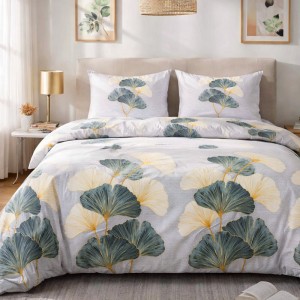 Pościel flanelowa 140x200 Solenne Light szara, liście miłorzębu, Flanelove