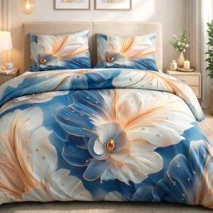Pościel satyna bawełniana 220x200 Auroria złote kwiaty na niebieskim tle, Satynlove Premium
