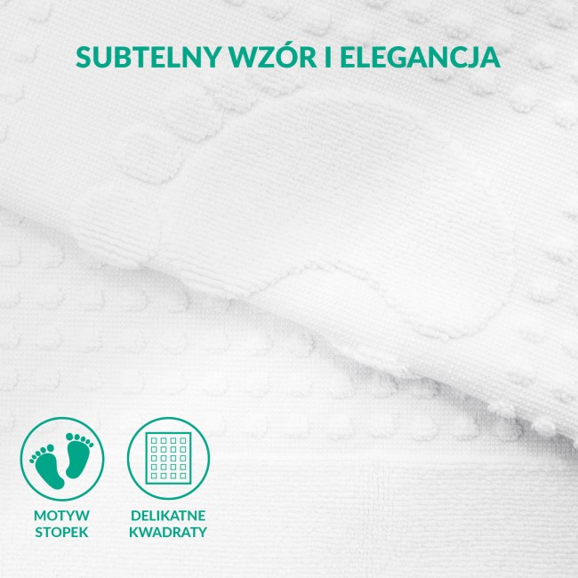 Dywanik łazienkowy 50x70 cm, biały, z fakturą obu stron: jedna z małymi wypustkami, druga z wytłoczeniem w kształcie stopy. Produkt leży na płaskiej powierzchni, ukazując detale tekstury i subtelne wzory.
