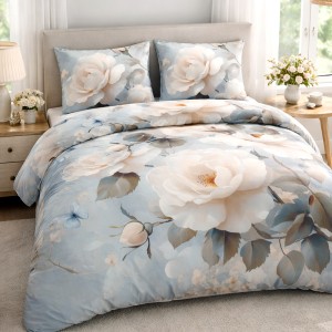 Pościel satyna bawełniana 180x200 Riviera szara w kremowe róże, Satynlove Premium