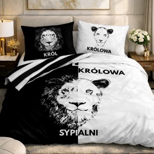 Pościel bawełniana 160x200 Panelove Lew i lwica, biało-czarna, król i królowa